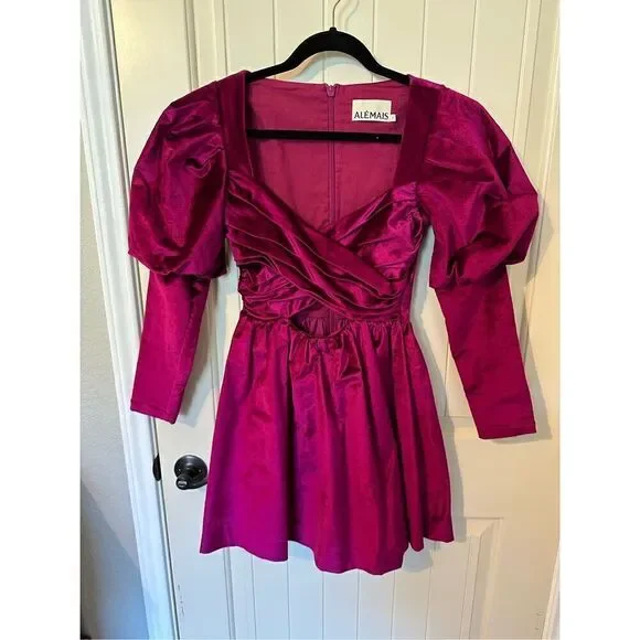 Alemais Rosario Mini Fuchsia Velvet Puff Sleeve Dress Women’s US Size 2 - Picture 6 of 15